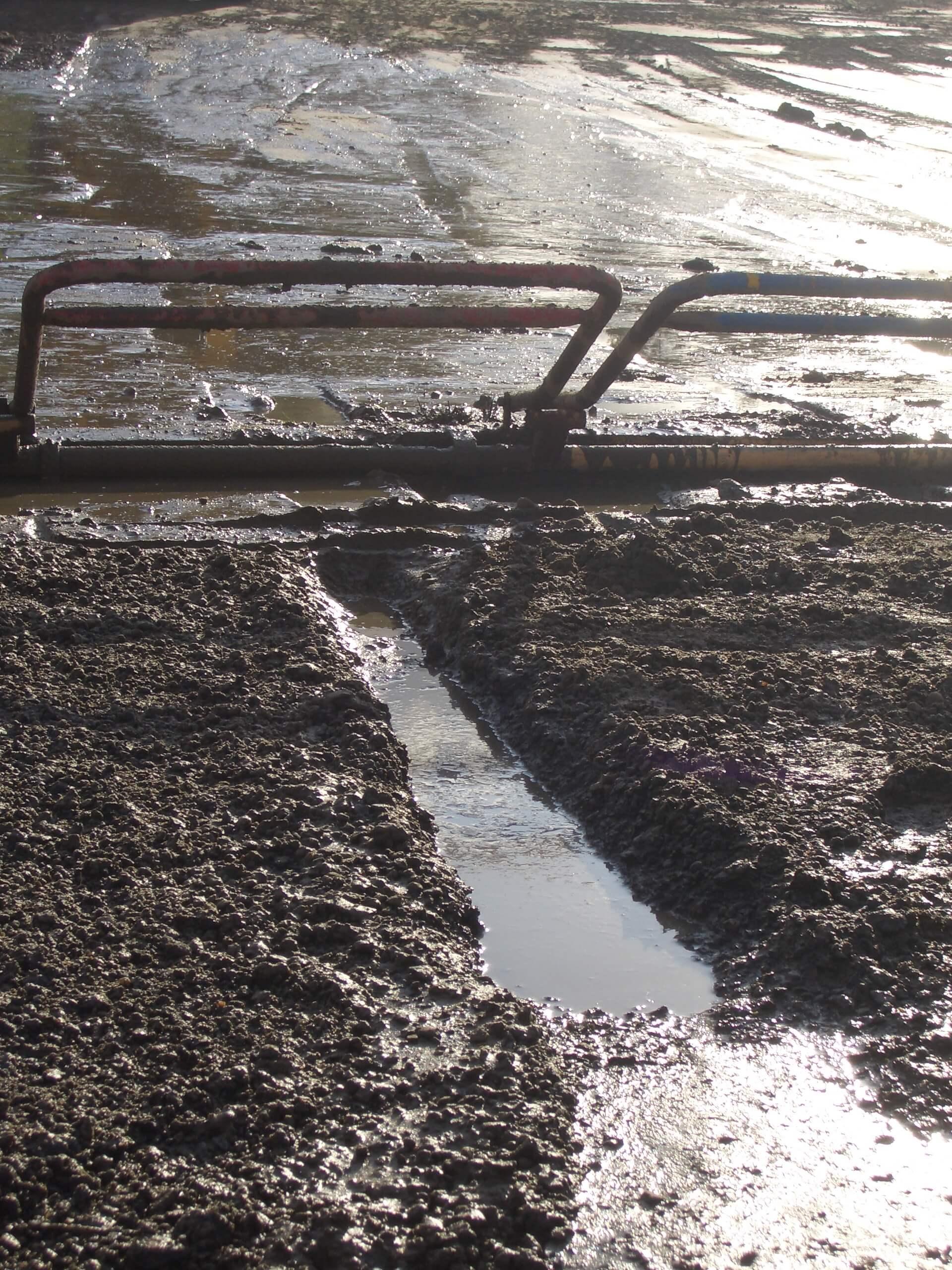 Ett lerigt och vattenfyllt däckspår framför en startgrind.