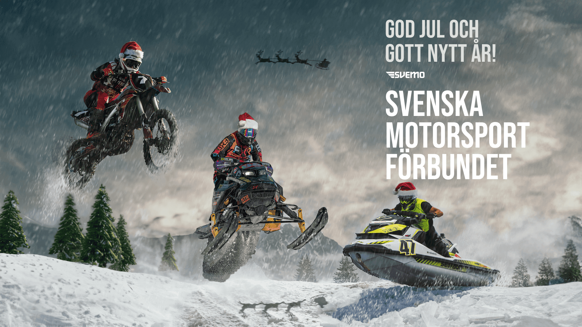En motocross, en snöskoter och en vattenskoter syns i ett vinterlandskap och det står "god jul och gott nytt år! svenska motorsportförbundet"