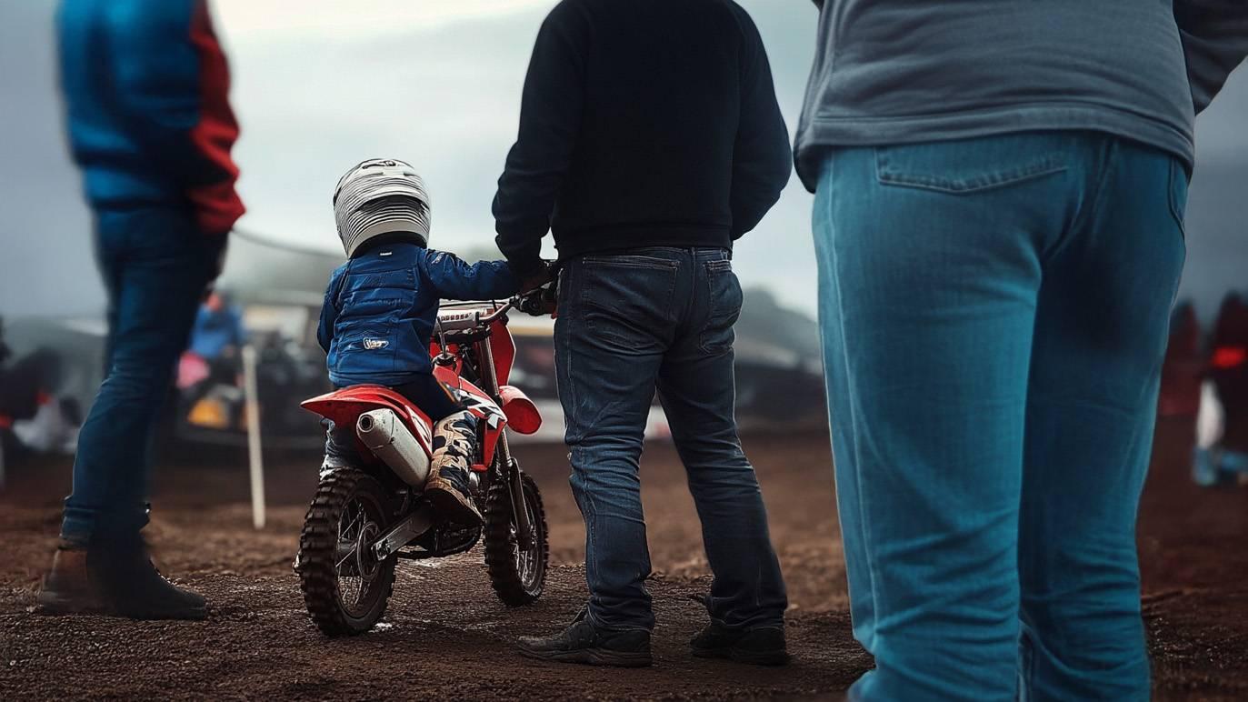 Ett litet barn som sitter på sin motocross och föräldrarna står bredvid