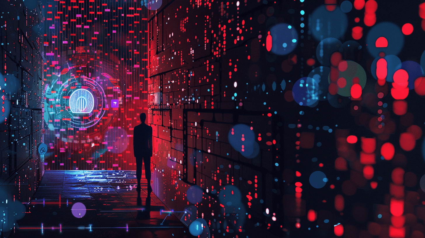 Illustration som symboliserar skydd av personuppgifter inom idrotten. En anonym person i silhuett omges av digitala servrar och symboler vilket representerar sekretess och datasäkerhet.